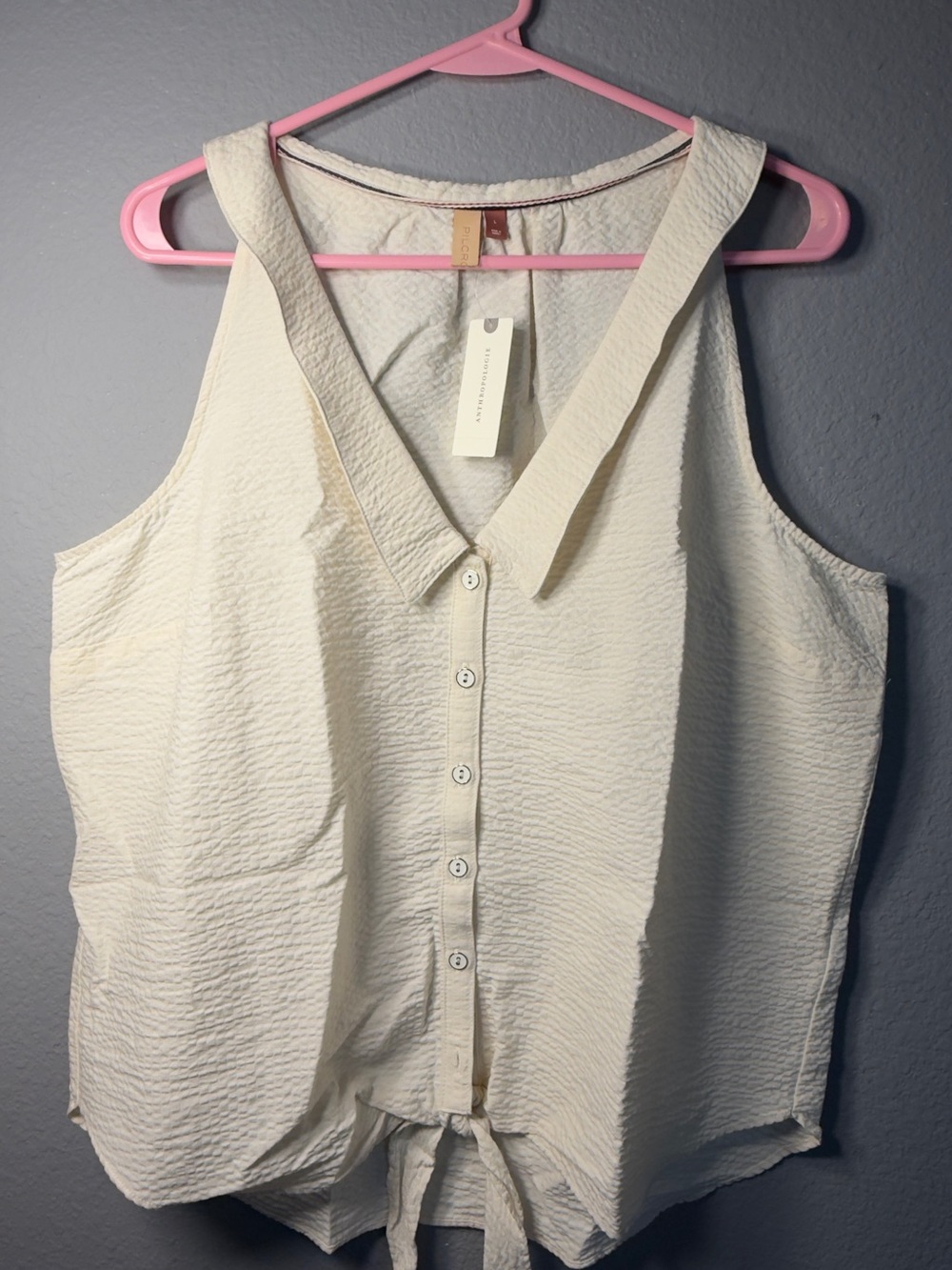 NWT Pilcro Anthropologie Ivory Tie Front Button Top L